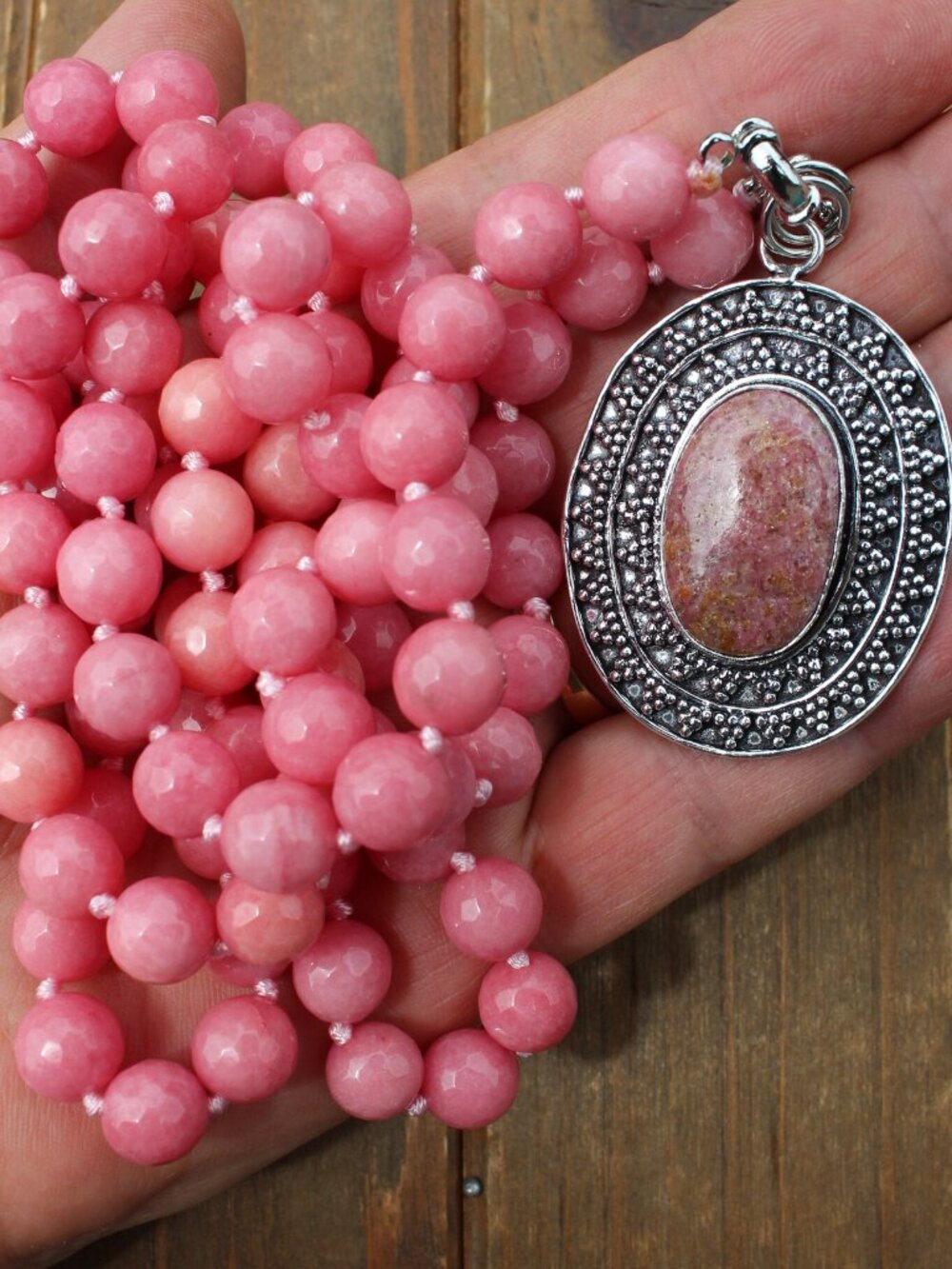 Long Pink Necklace Artisan Pendant - 40 inches Doubles as a Choker
